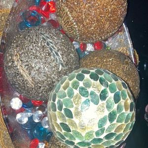 Mosaic gold, green and sliver balls. With beautiful Gold and Yellow orange dish